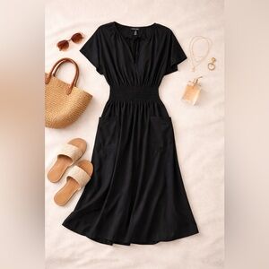 NWT Ellen Tracy Black Midi Dress Size M Smocked Waist Flutter Sleeve Pockets